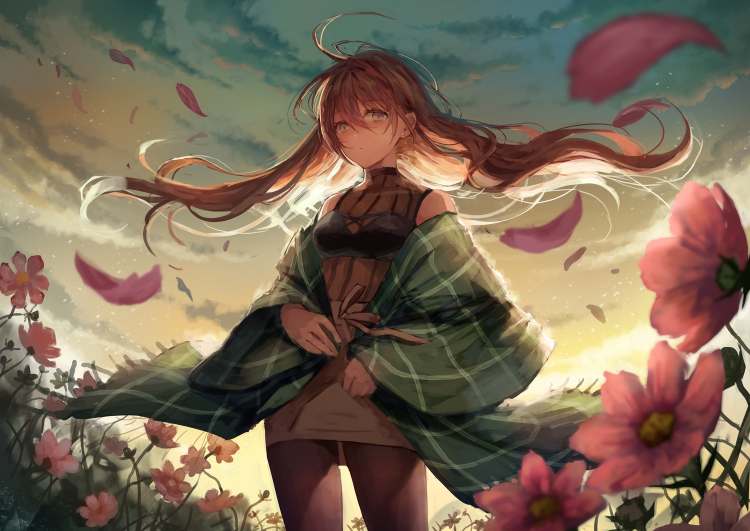 autumn, blue_eyes, brown_hair, clouds, flowers, grass, long_hair, okuma_mai