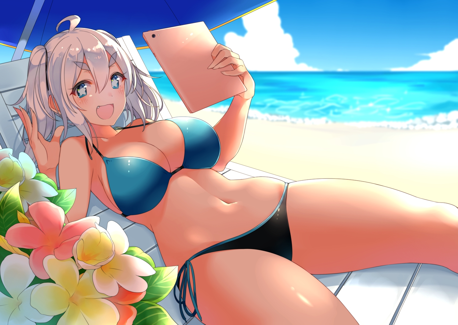 beach, bikini, blue_eyes, blush, breasts, cleavage, clouds, computer