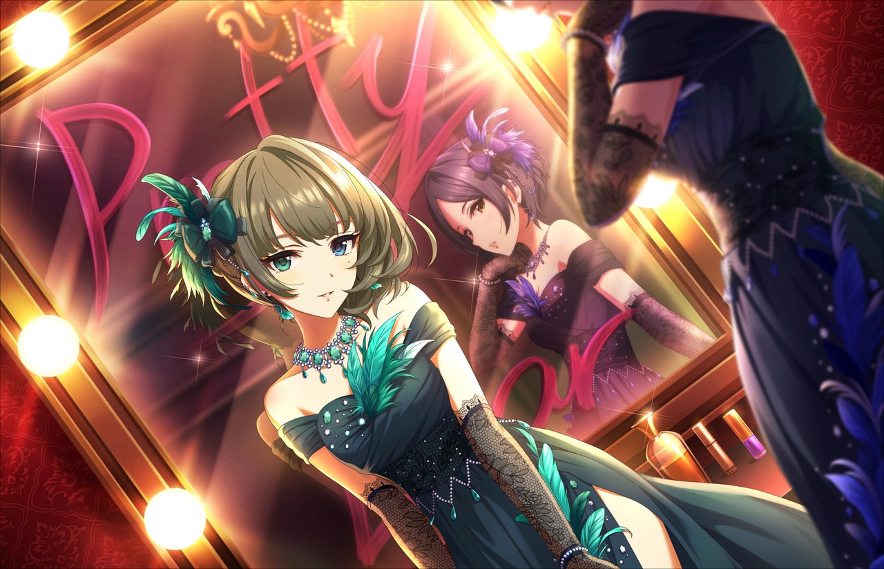 2girls, annin_doufu, dress, elbow_gloves, gloves, hayami_kanade, headdress, idolmaster