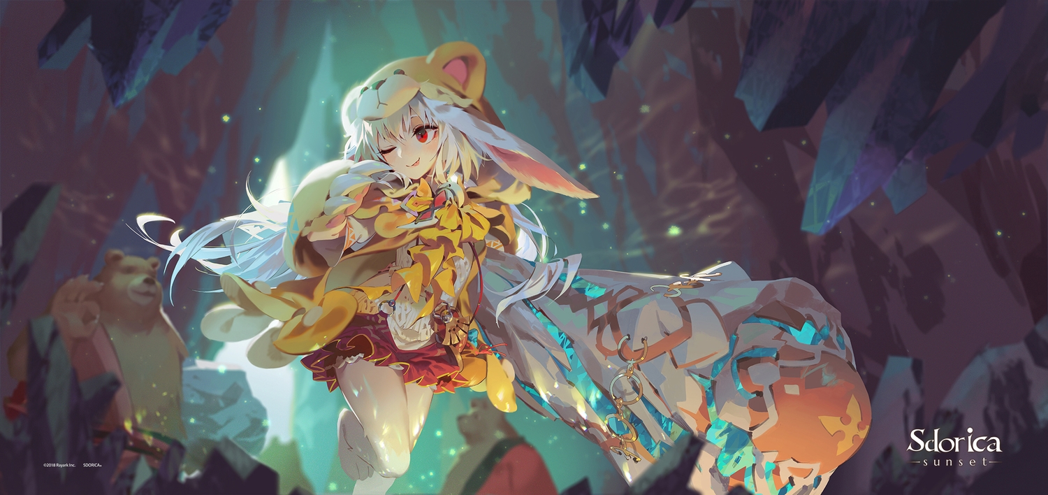 animal_ears, barefoot, bunny_ears, bunnygirl, hood, jofang, leah_(sdorica), logo, long_hair, red_eyes, sdorica_-sunset-, skirt, white_hair, wink