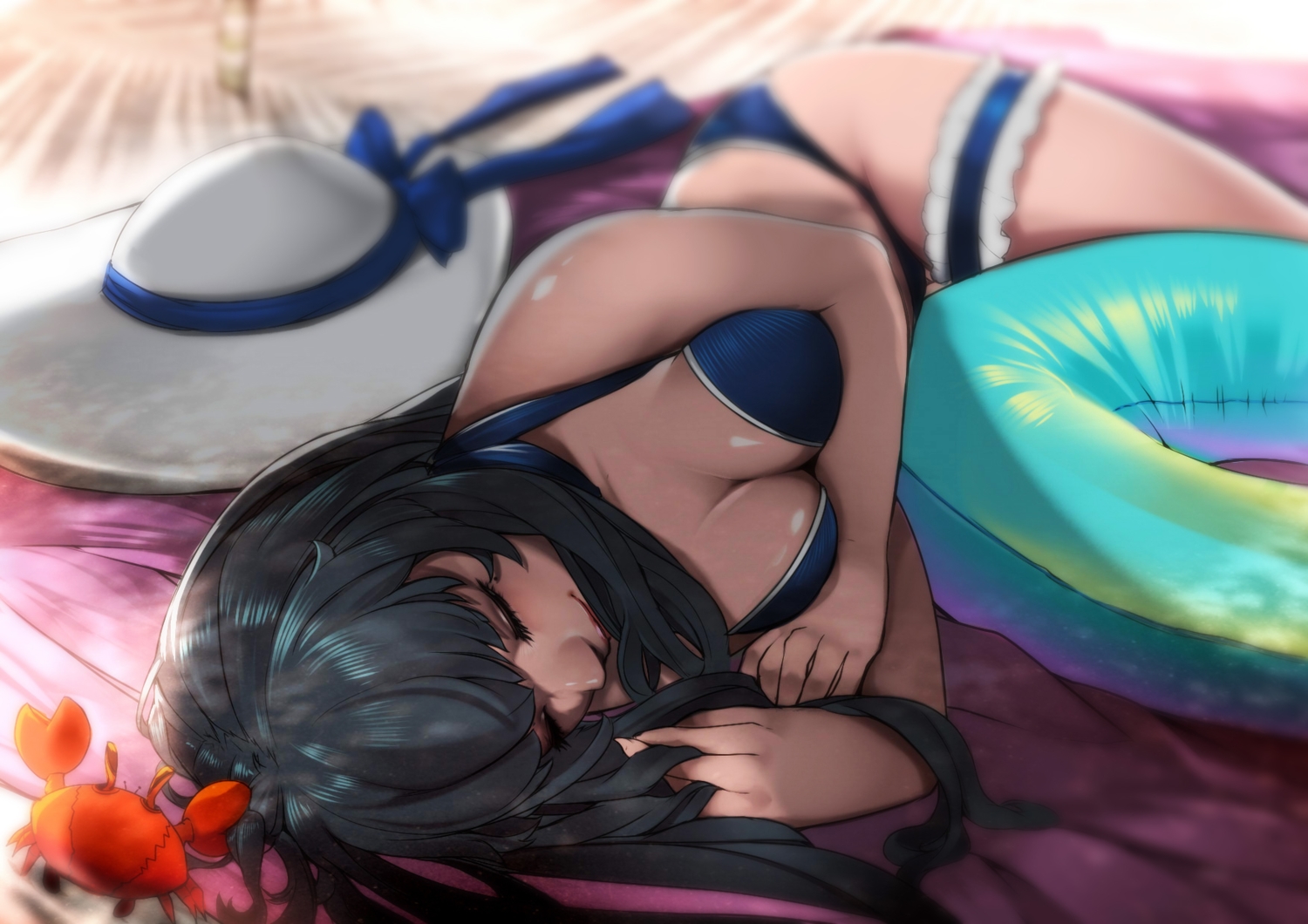 breasts, cleavage, jpeg_artifacts, long_hair, milk-doll, shade, sleeping, swimsuit