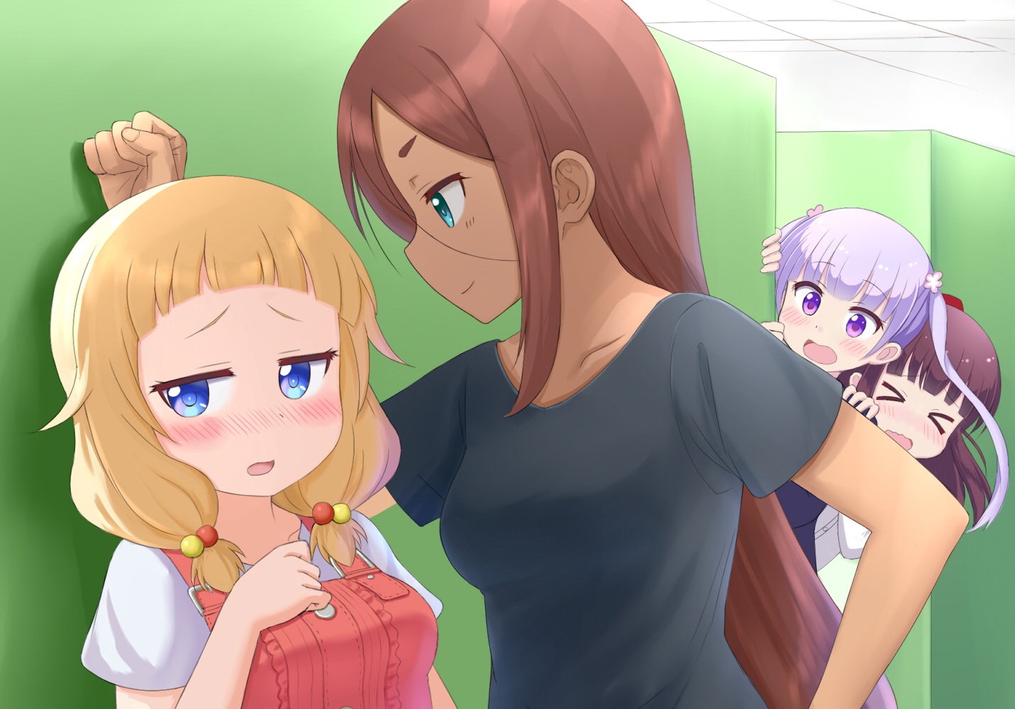 ahagon_umiko, aqua_eyes, blonde_hair, blush, dark_skin, gray_hair, green, green_eyes, group, long_hair, new_game!, purple_eyes, ririumu, sakura_nene, short_hair, shoujo_ai, suzukaze_aoba, takimoto_hifumi, twintails