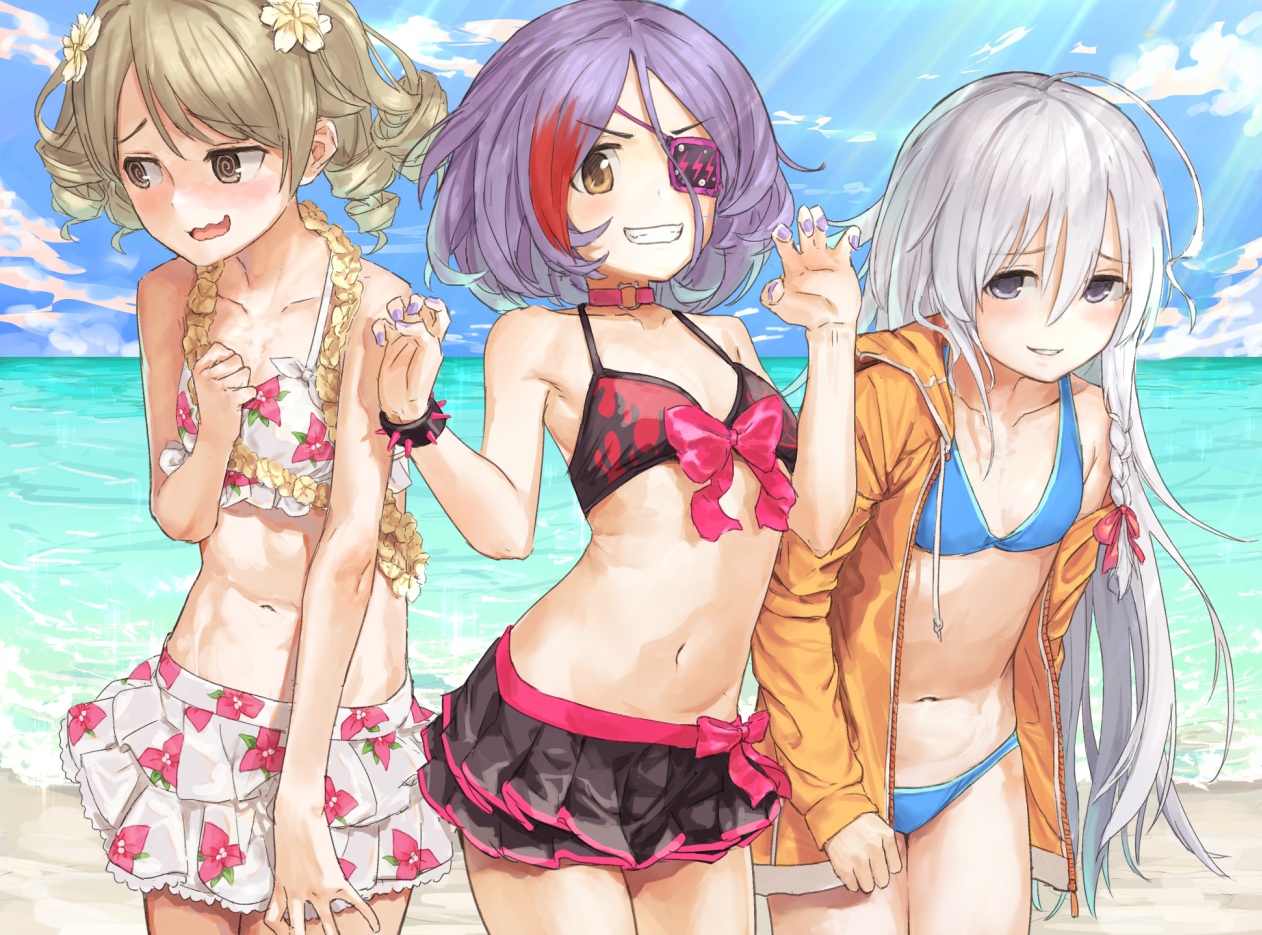 beach, bikini, bionekojita, blonde_hair, bow, braids, brown_eyes, clouds
