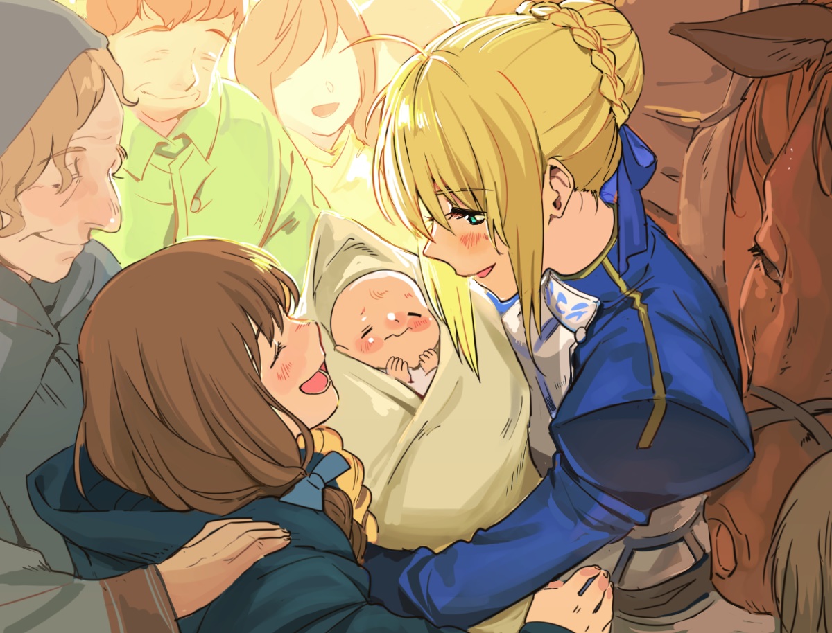 animal, armor, artoria_pendragon_(all), blonde_hair, blush, braids, dashi_(minzoku_gb), fate_(series), fate/stay_night, green_eyes, group, hood, horse, male, ribbons, saber, short_hair