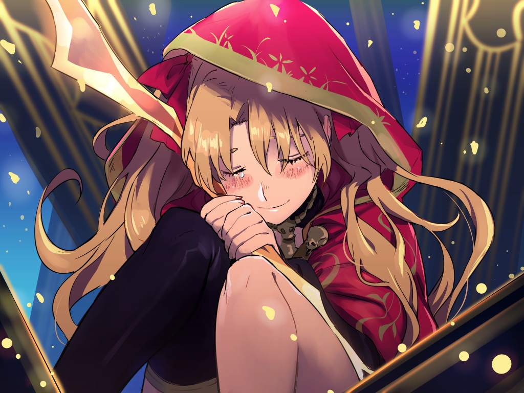 blonde_hair, blush, cape, dashi_(minzoku_gb), ereshkigal_(fate/grand_order), fate/grand_order, fate_(series), hood, long_hair, staff, tears, thighhighs, twintails