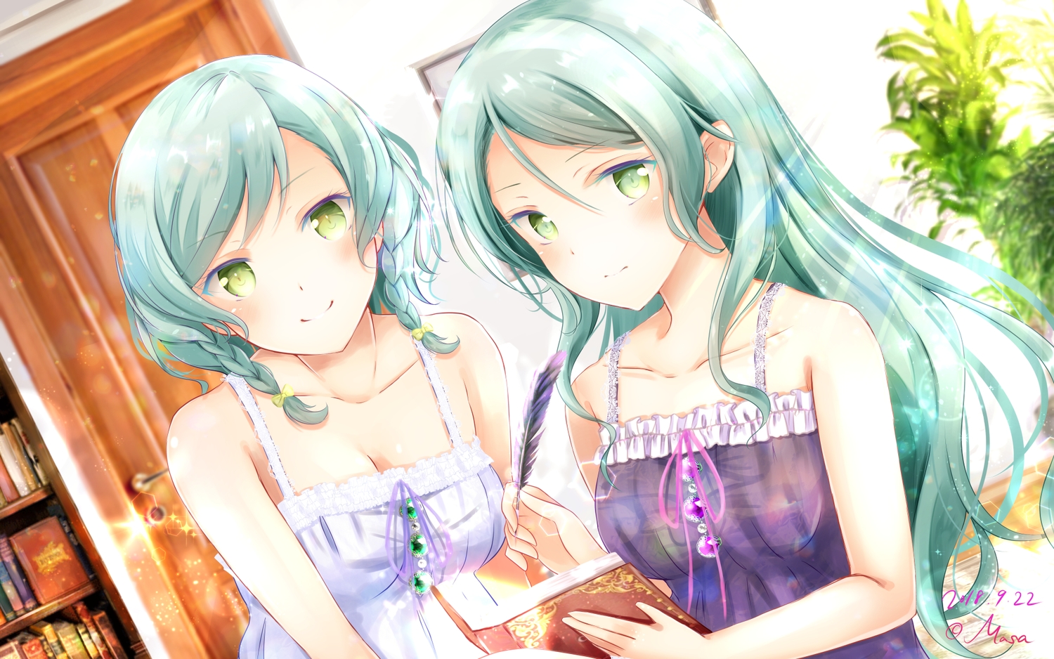 2girls, bang_dream!, book, braids, feathers, green_eyes, green_hair, hikawa_hina, hikawa_sayo, masa_(mirage77), signed, twins, twintails