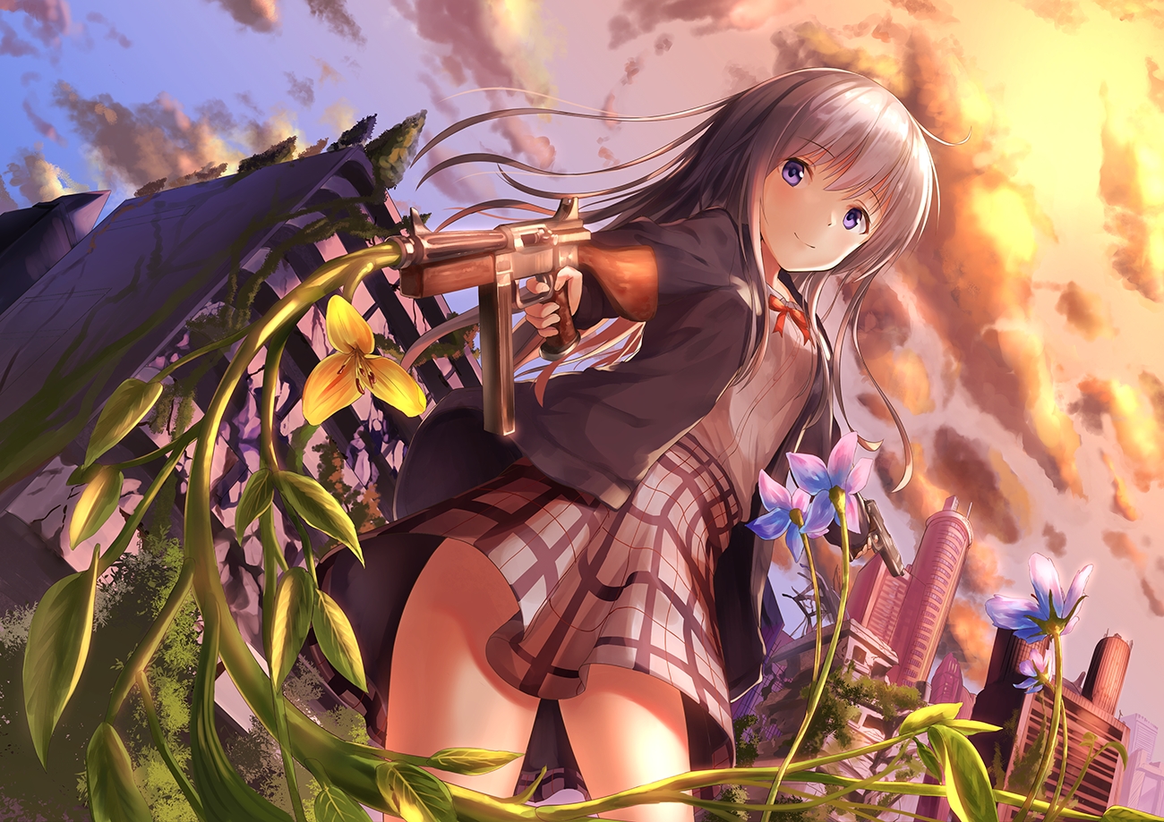 akabane_hibame, building, city, clouds, flowers, gray_hair, gun, long_hair, original, purple_eyes, ruins, school_uniform, skirt, sky, sunset, weapon