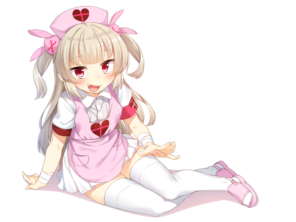 aliasing, bandage, blonde_hair, blush, dress, fang, headdress, loli