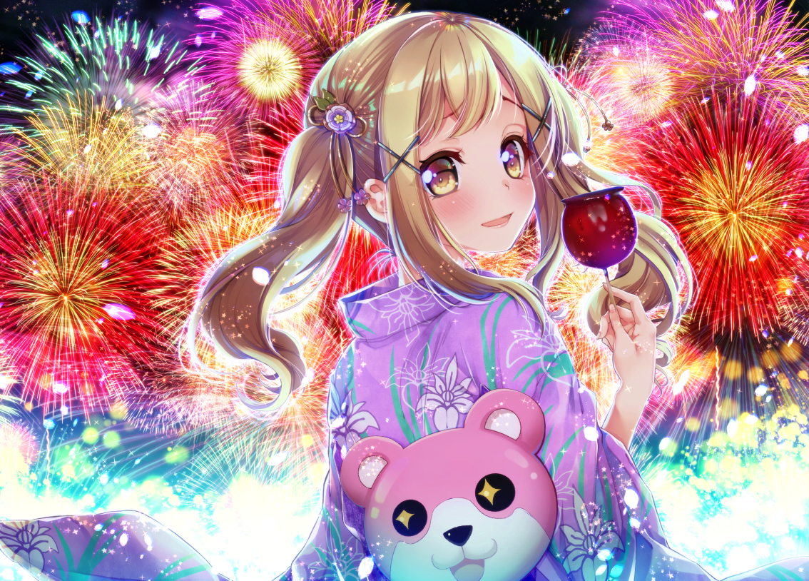 apple, bang_dream!, blonde_hair, blush, candy, fireworks, food, fruit