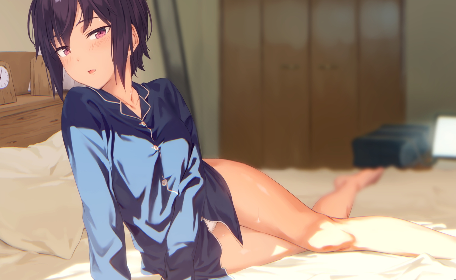 barefoot, bed, black_hair, blush, kinta_(distortion), original, pajamas, pink_eyes
