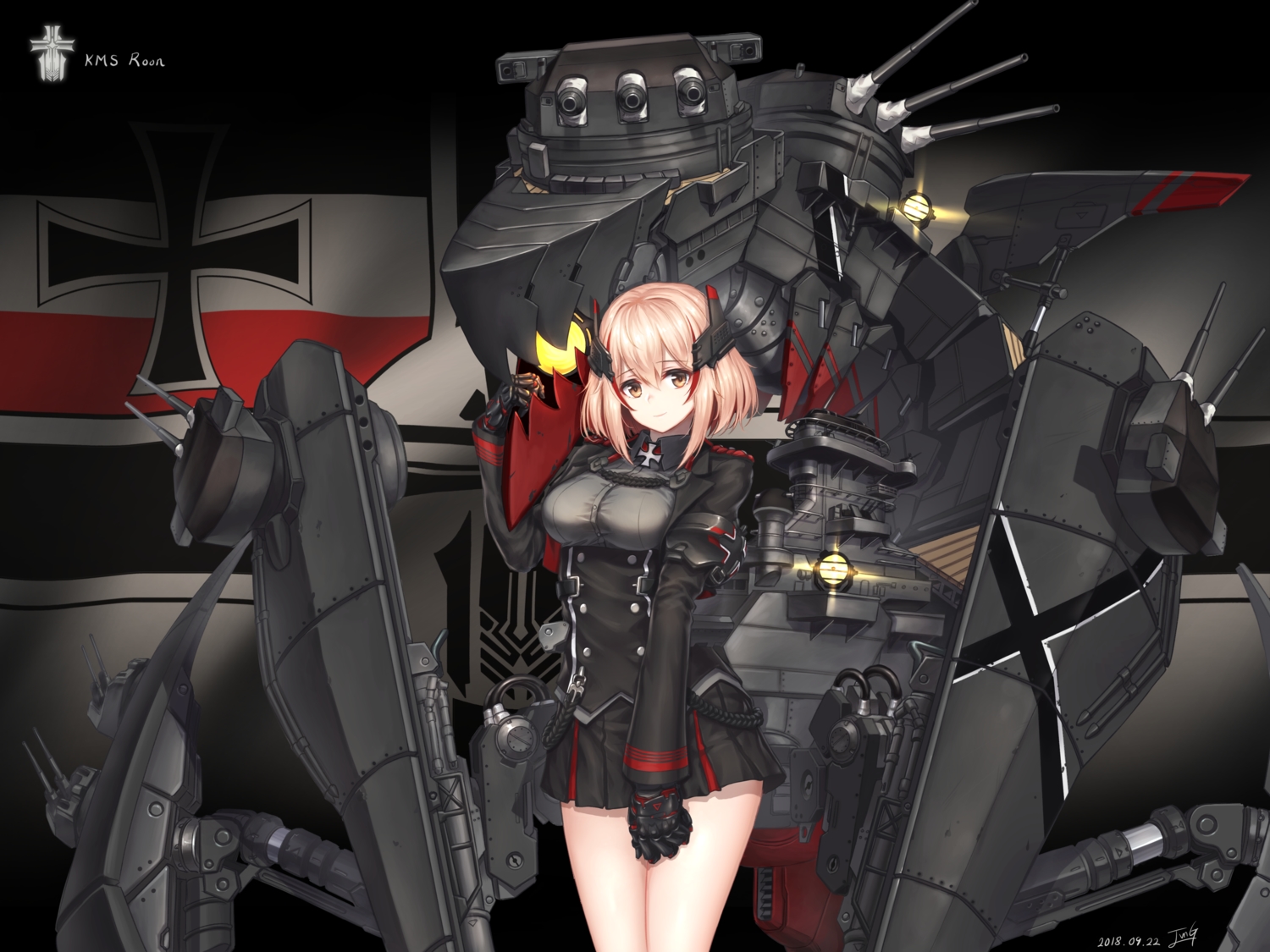 anthropomorphism, azur_lane, baek_hyang, blonde_hair, brown_eyes, gloves, mechagirl, military