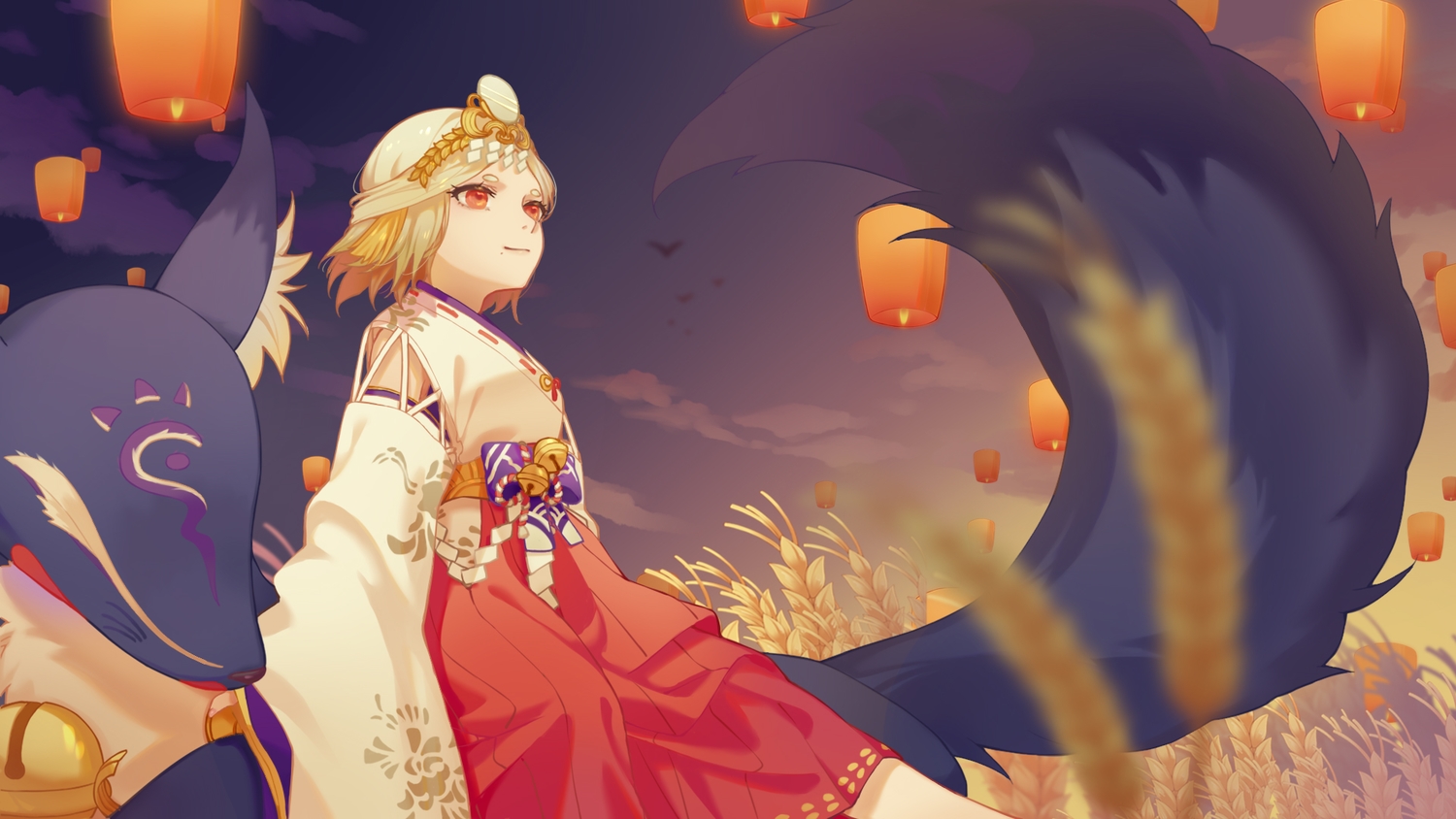 animal, bell, blonde_hair, clouds, fox, headdress, japanese_clothes, kimono