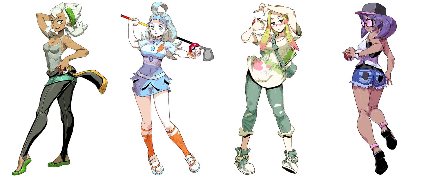 aqua_eyes, aqua_hair, ass, ball, blonde_hair, book, breasts, burnet_(pokemon), cleavage, dark_skin, genzoman, gray_hair, green_eyes, hat, kahili_(pokemon), kneehighs, long_hair, matsurika_(pokemon), necklace, pokemon, purple_hair, short_hair, shorts, sina_(pokemon), skirt, sunglasses, white, wristwear