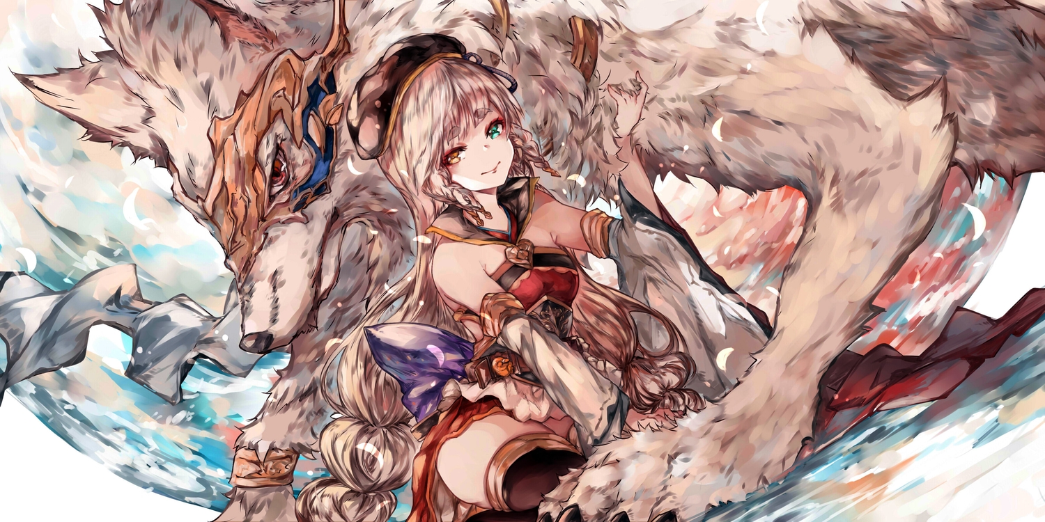 animal, bicolored_eyes, blonde_hair, braids, granblue_fantasy, hakutaku_(granblue_fantasy), hat, japanese_clothes, long_hair, mi_bait, pholia_(granblue_fantasy), skirt, thighhighs, wolf