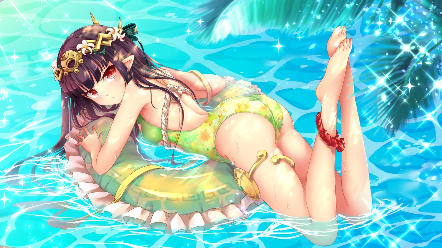 ass, barefoot, cameltoe, long_hair, omone_chou, pointed_ears, purple_hair, red_eyes, swim_ring, swimsuit, water