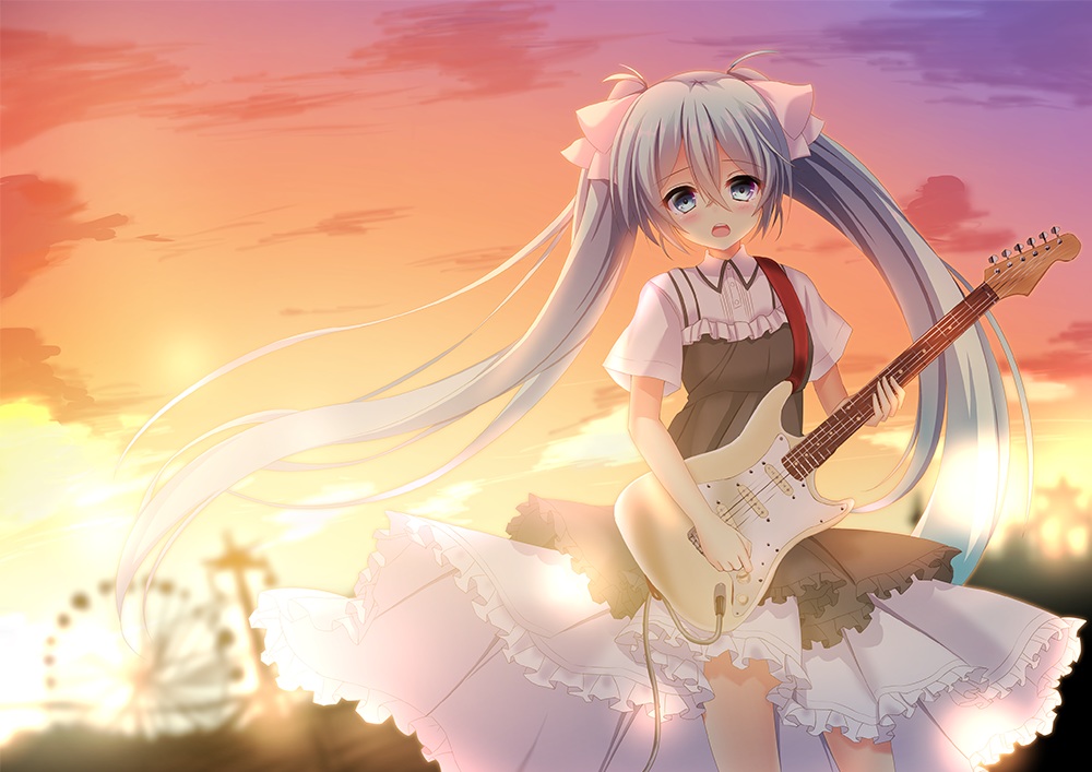 clouds, guitar, hatsune_miku, instrument, kakeyu, long_hair, sky, sunset, twintails, vocaloid
