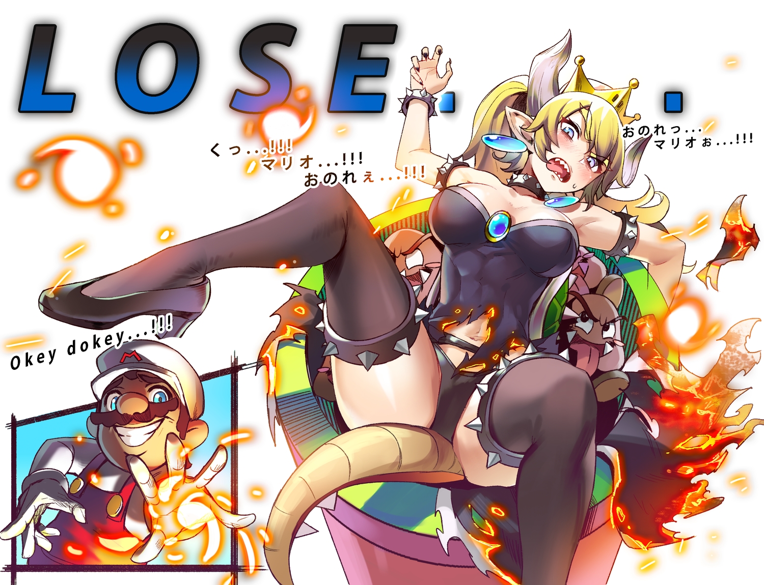 bowsette, fire, goomba, kento1102, male, mario, super_mario, torn_clothes