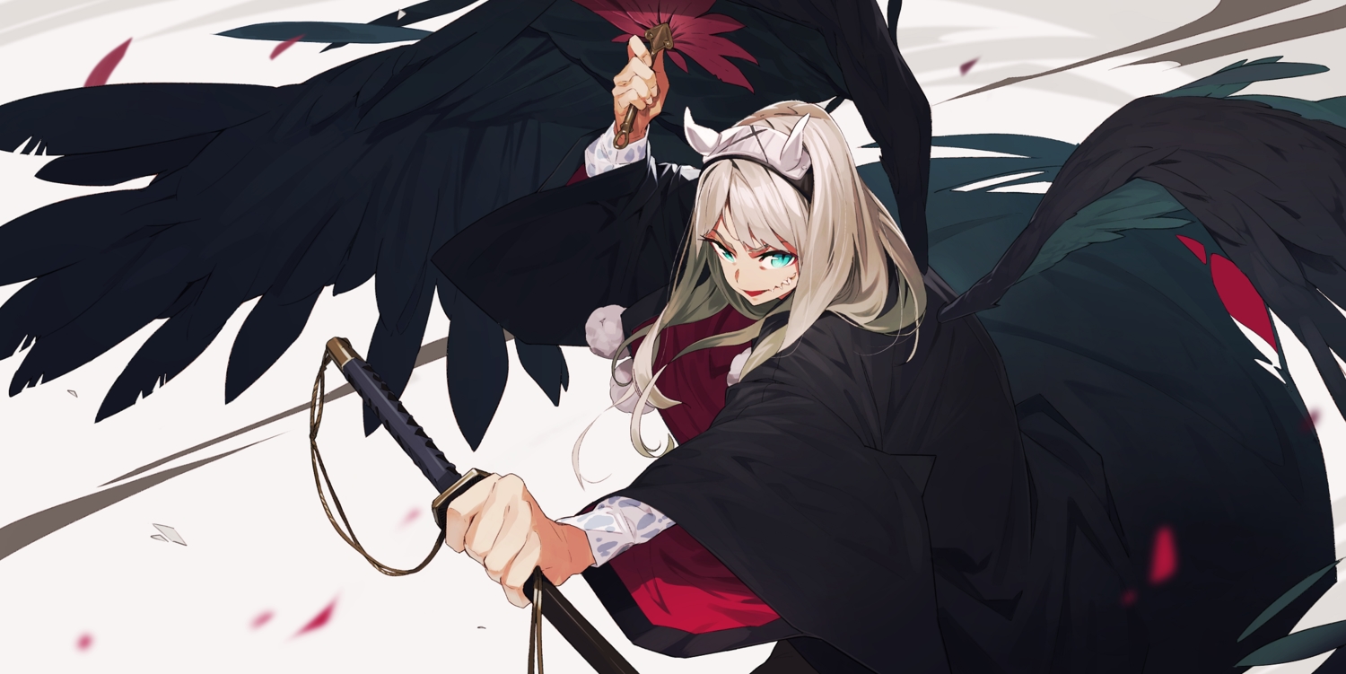 blonde_hair, fan, feathers, green_eyes, headband, horns, japanese_clothes, kamameshi_gougoumaru