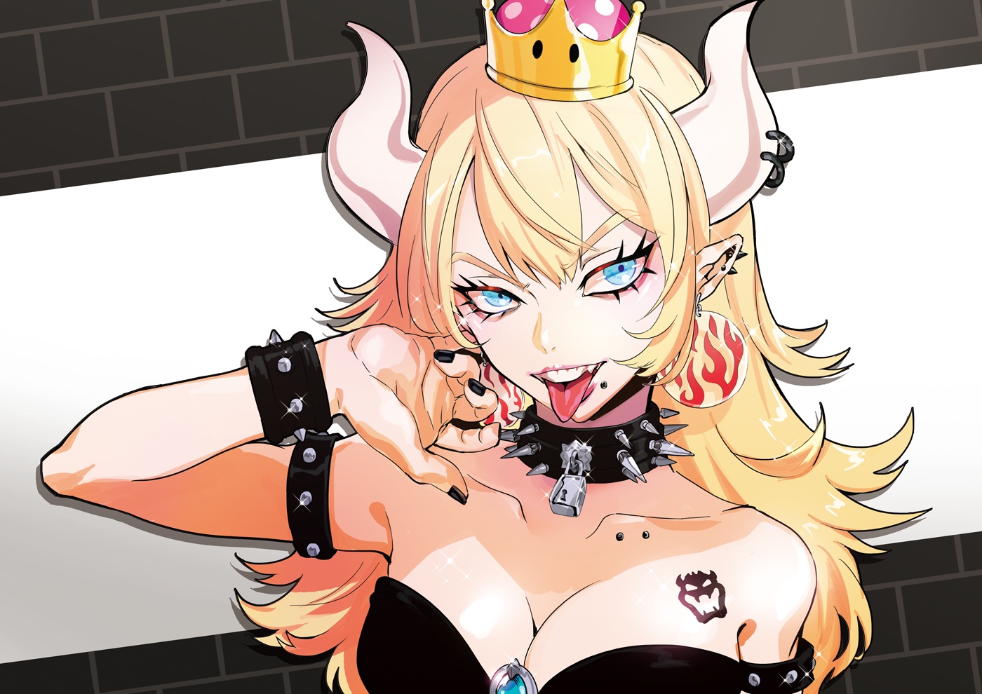 aqua_eyes, blonde_hair, bowsette, breasts, choker, cleavage, close, crown, horns, long_hair, pointed_ears, puppeteer7777, super_mario, tattoo, wristwear