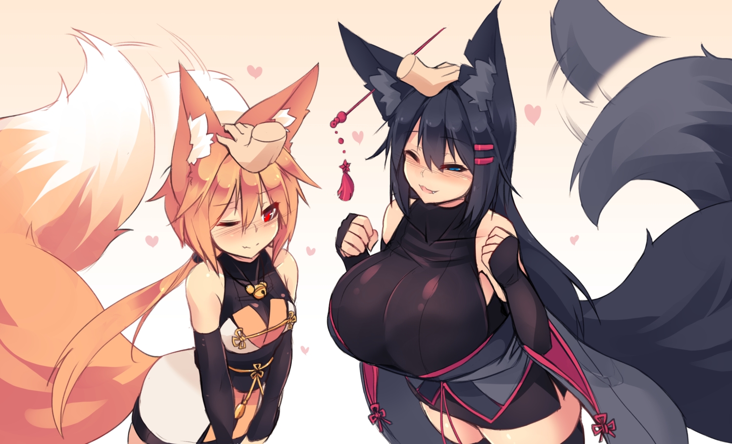 2girls, animal_ears, aqua_eyes, black_hair, blush, breasts, cat_smile, fang, foxgirl, japanese_clothes, kiri_(sub-res), long_hair, orange_hair, original, ponytail, red_eyes, sub-res, suzu_(sub-res), tail, thighhighs, wink, zettai_ryouiki