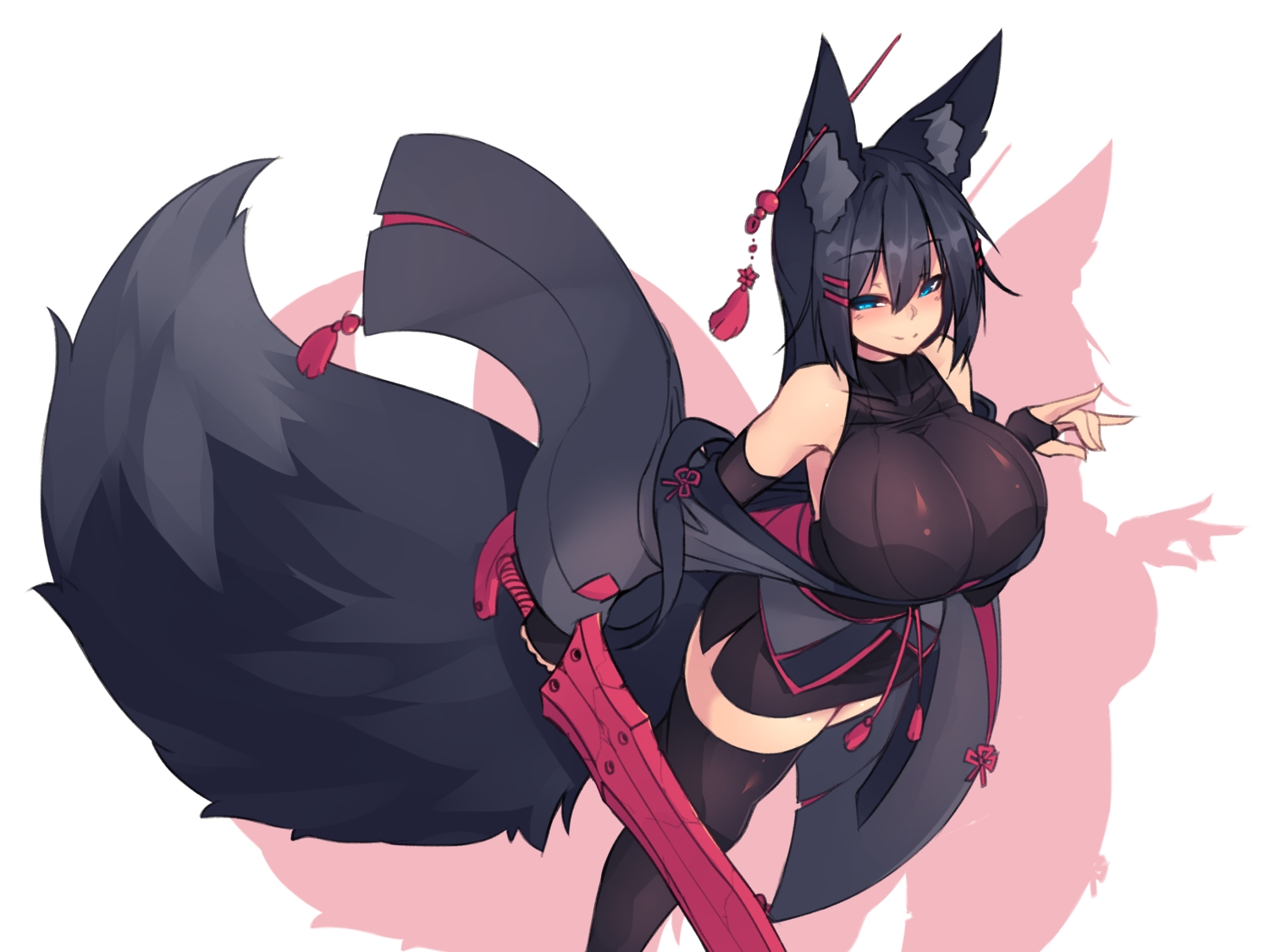 animal_ears, aqua_eyes, black_hair, breasts, elbow_gloves, foxgirl, gloves, japanese_clothes, kiri_(sub-res), long_hair, original, sub-res, sword, tail, thighhighs, weapon, zettai_ryouiki