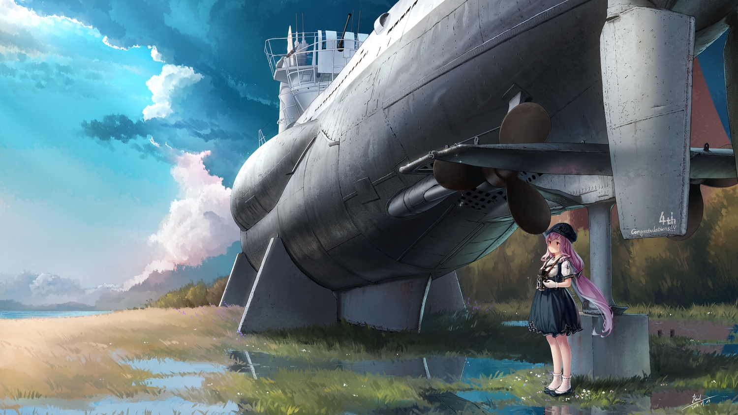 anthropomorphism, camera, clouds, dress, gloves, hat, lolita_fashion, long_hair
