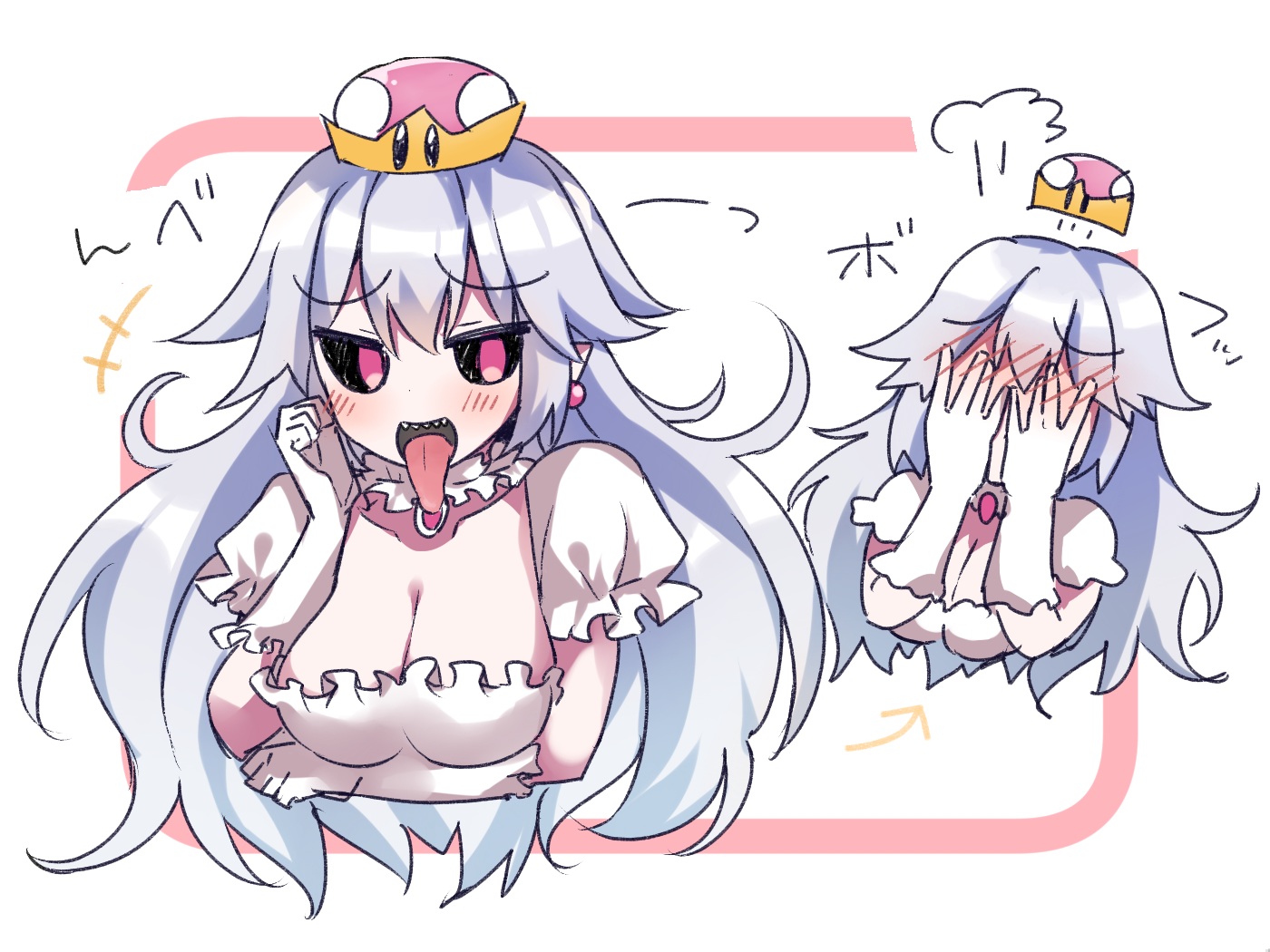 blush, breast_hold, breasts, cleavage, crown, elbow_gloves, gloves, gray_hair, long_hair, luigi's_mansion, ohitashi_netsurou, pink_eyes, pointed_ears, princess_king_boo, super_mario_bros