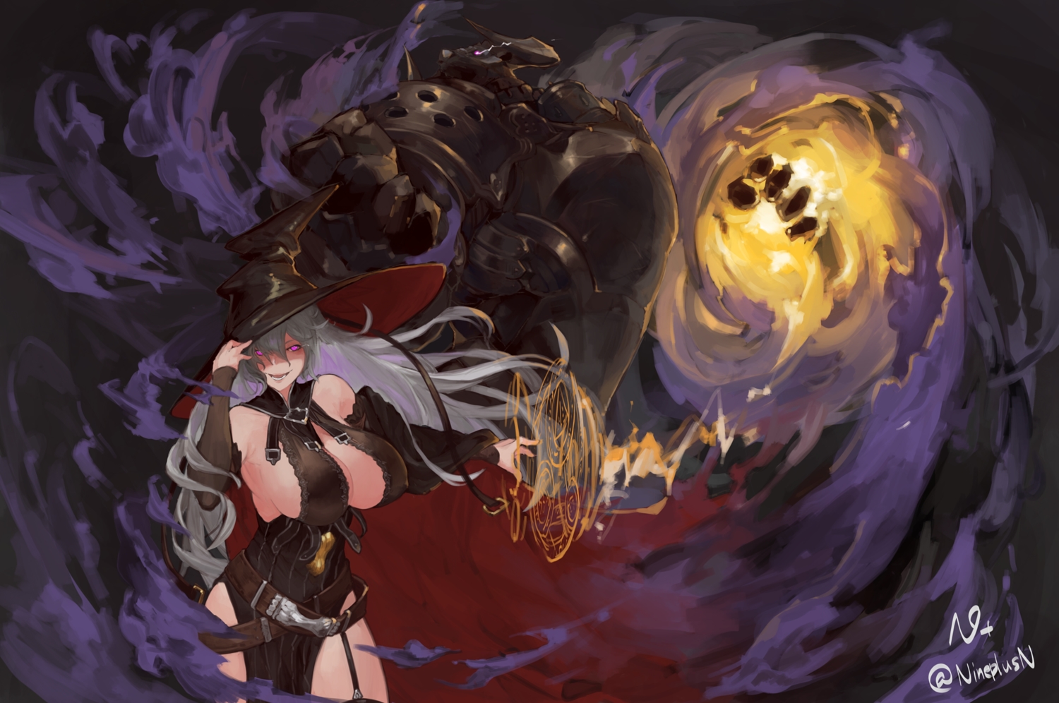 armor, breasts, cape, dress, garter_belt, granblue_fantasy, hat, magic, magisa_(granblue_fantasy), morax_(granblue_fantasy), n9+, pink_eyes, signed, witch, witch_hat