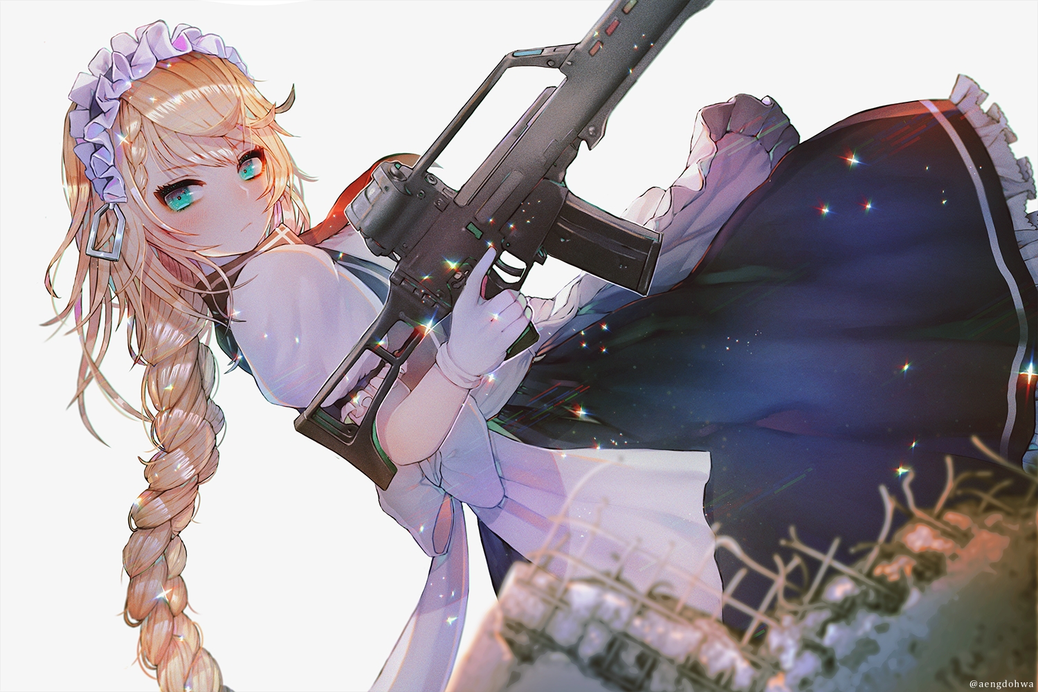 anthropomorphism, blonde_hair, blush, bow, braids, dress, g36_(girls_frontline), girls_frontline, gloves, green_eyes, gun, hanato_(seonoaiko), long_hair, maid, ponytail, watermark, weapon