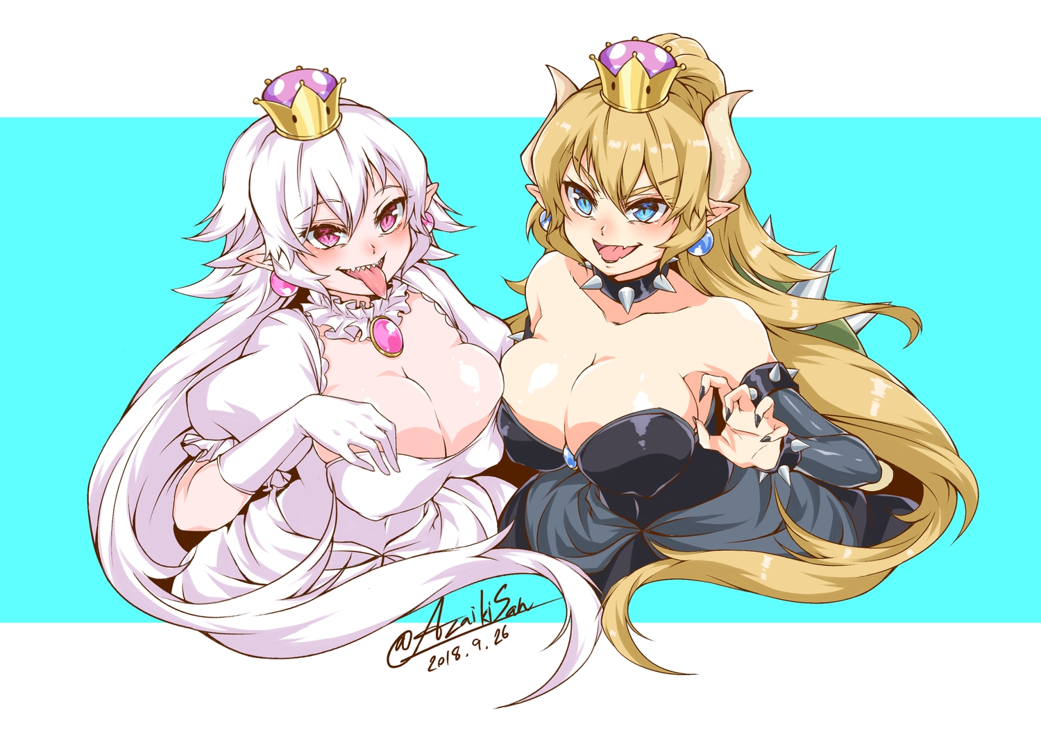 2girls, aqua_eyes, azaikisan, blonde_hair, bowsette, breasts, choker, cleavage
