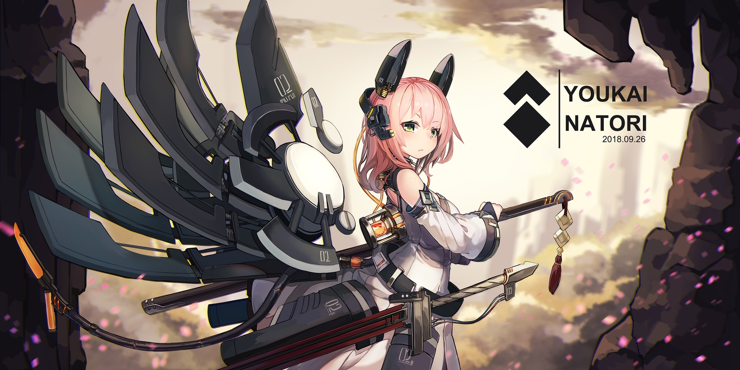 dress, green_eyes, headdress, katana, long_hair, mechagirl, natori_youkai, original, pink_hair, sword, weapon, wings