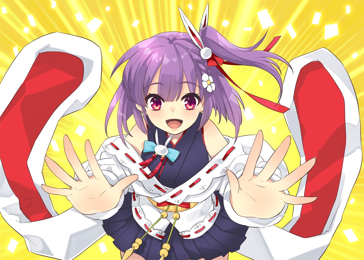 braids, close, itou_noiji, japanese_clothes, ponytail, purple_eyes, purple_hair, short_hair, skirt, tenjin_kotone, tenjin_kotone_(channel), yellow