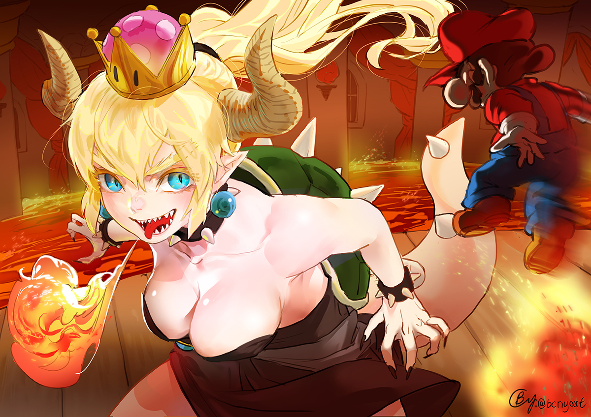 aqua_eyes, b.c.n.y., blonde_hair, bowsette, breasts, choker, cleavage, crown