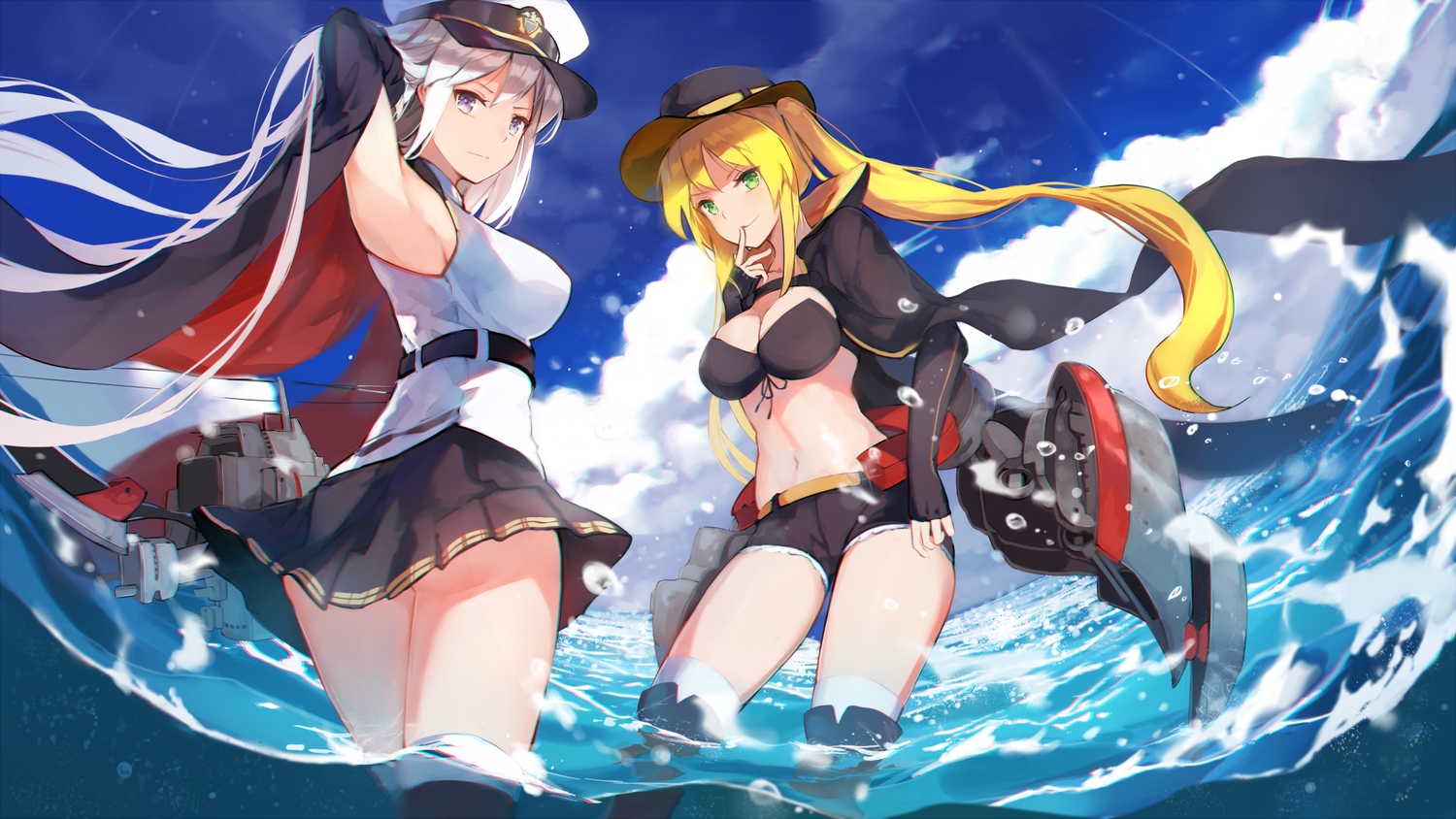 2girls, anthropomorphism, azur_lane, bikini_top, blonde_hair, breasts, cleavage, clouds
