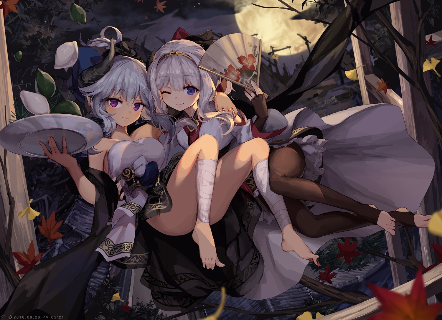 2girls, autumn, bandage, barefoot, blue_eyes, clouds, dress, fan