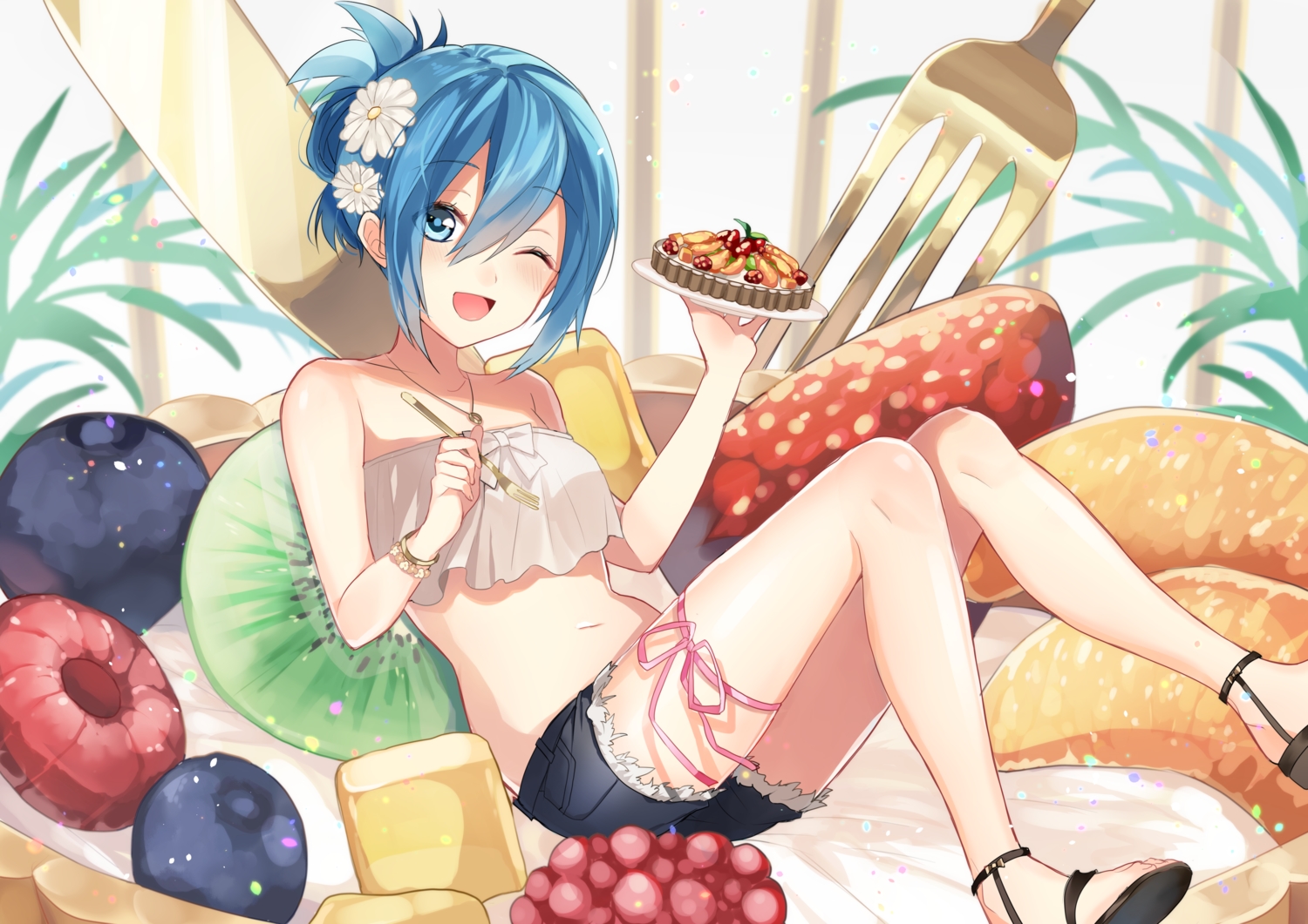 aqua_eyes, aqua_hair, derori, flowers, food, fruit, necklace, orange_(fruit), original, short_hair, shorts, strawberry, wink, wristwear