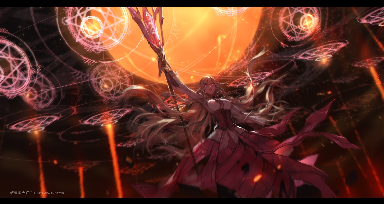 blonde_hair, corset, dark, dress, eiyuu_densetsu, long_hair, magic, red_eyes, sen_no_kiseki, staff, swd3e2, vermillion_roselia, watermark