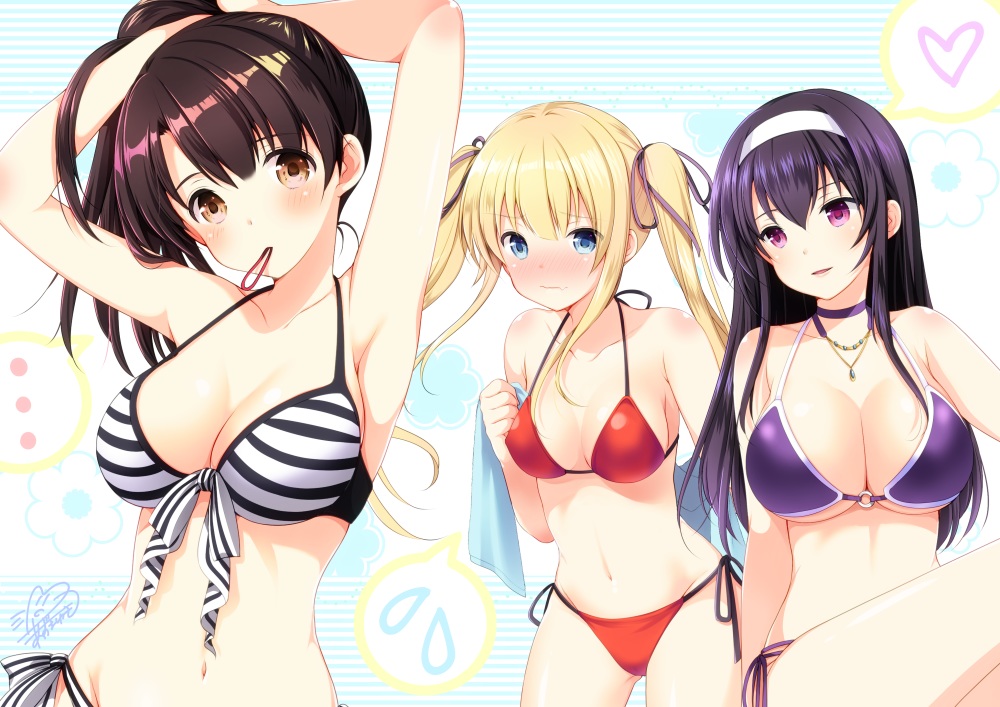 aliasing, azuma_yuki, bikini, blonde_hair, blue_eyes, blush, breasts, brown_eyes