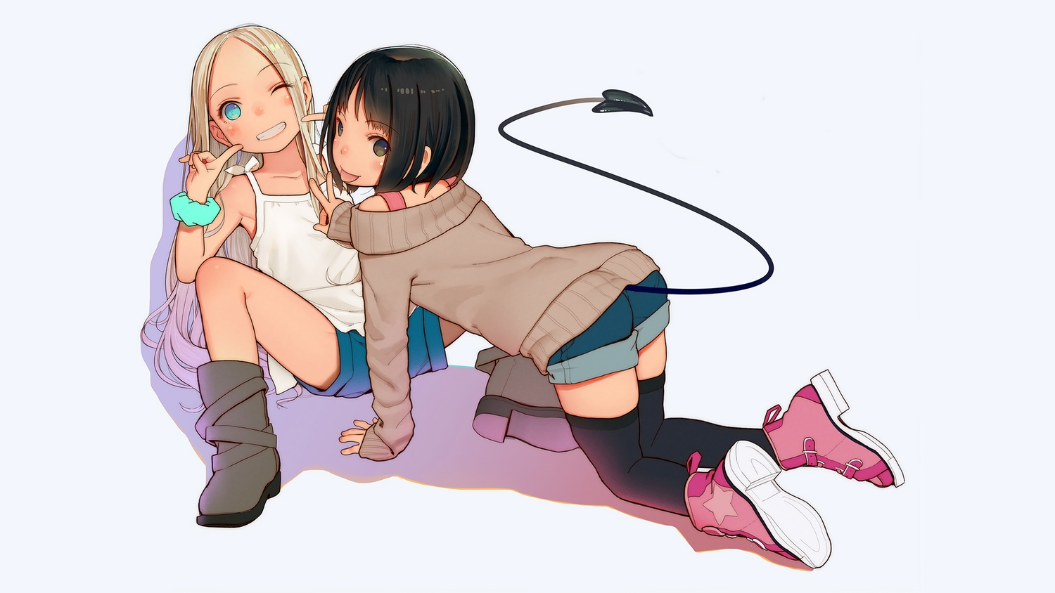 aqua_eyes, black_hair, blonde_hair, boots, brown_eyes, demon, kagamine-ikka, loli, long_hair, original, short_hair, shorts, spread_legs, succubus, tail, thighhighs, tiny_evil, wink, wristwear, zettai_ryouiki