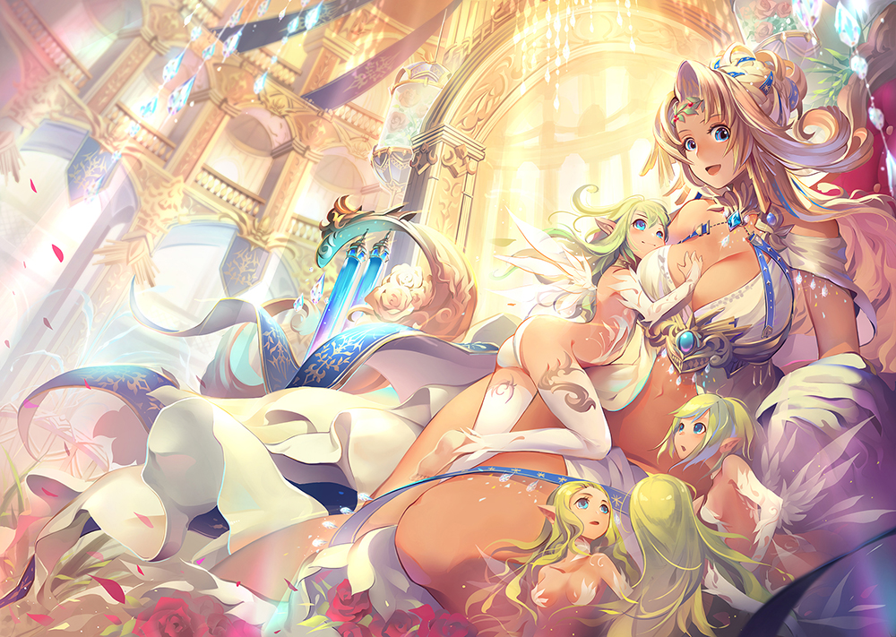 blonde_hair, blue_eyes, breasts, cleavage, green_hair, group, jizero, original