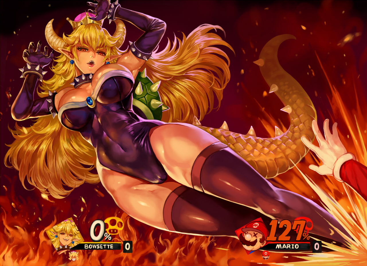 blonde_hair, bodysuit, bowsette, breasts, cameltoe, choker, cleavage, crown