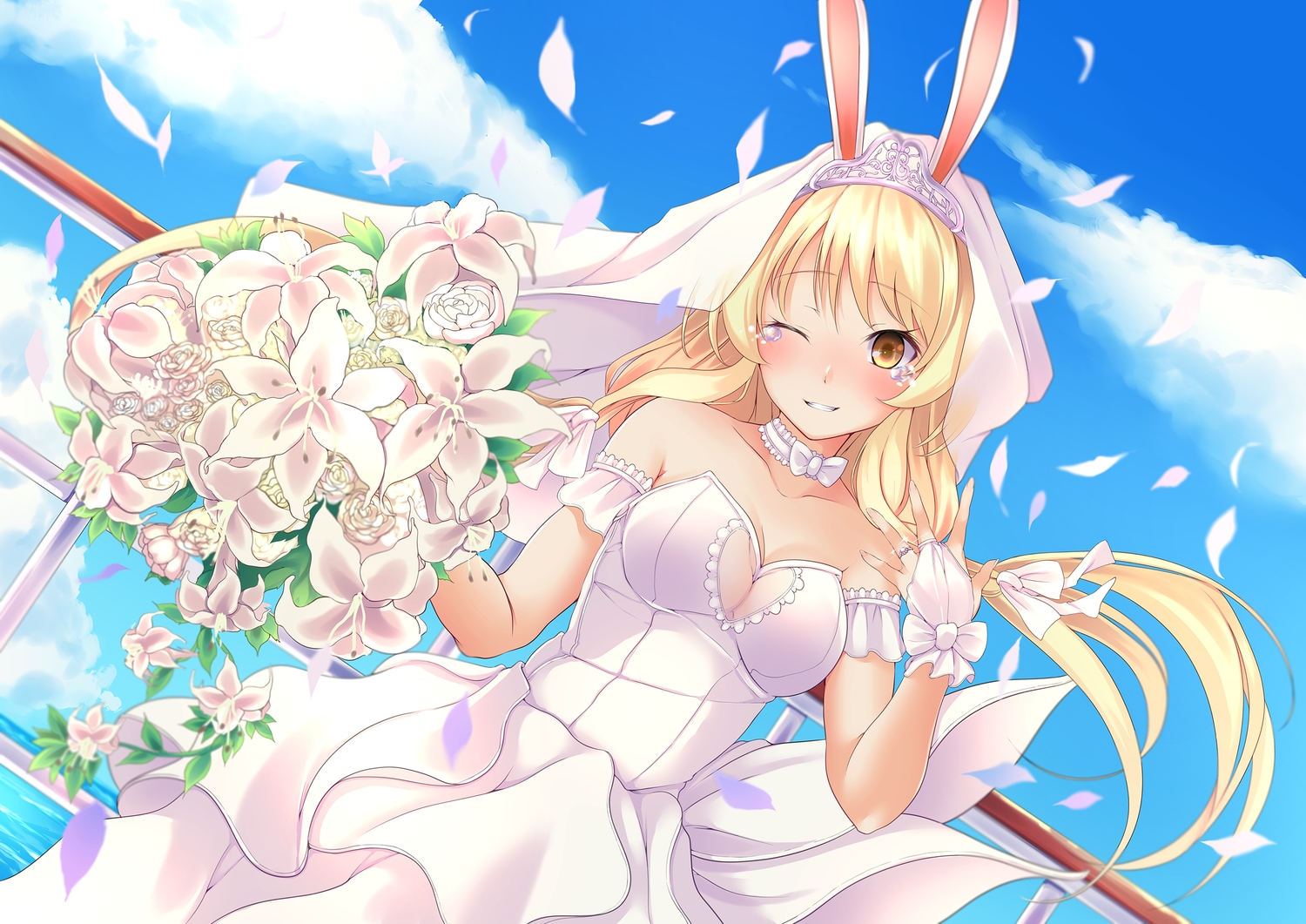 animal_ears, anthropomorphism, azur_lane, benson_(azur_lane), blonde_hair, breasts, bunny_ears, bunnygirl, choker, cleavage, clouds, dress, flowers, gloves, headdress, long_hair, petals, sky, tears, tiara, trend_kill, water, wedding_attire, wink, yellow_eyes