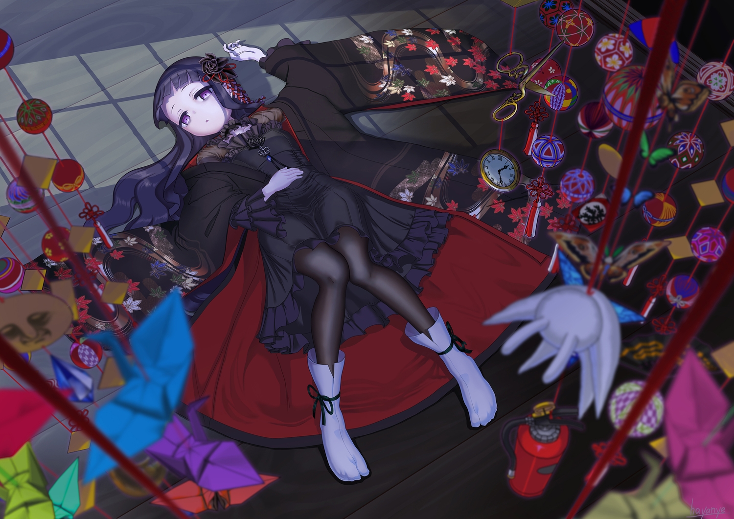 black_hair, dark, gothic, goth-loli, hardgore_alice, hatoda_ako, hayanye, japanese_clothes, kimono, lolita_fashion, long_hair, mahou_shoujo_ikusei_keikaku, pantyhose, paper, purple_eyes, signed, socks