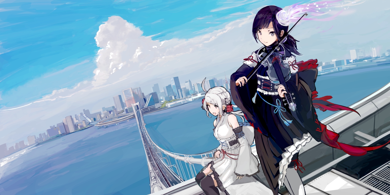 2girls, braids, building, city, clouds, corset, garter_belt, gray_eyes, instrument, japanese_clothes, lolita_fashion, long_hair, morakkyo_(mephilas_g3), original, ponytail, purple_hair, sky, thighhighs, violin, water, white_hair, yellow_eyes, yukata