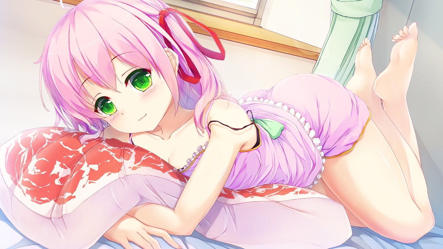barefoot, bed, green_eyes, hinoka, jpeg_artifacts, original, pink_hair, shorts