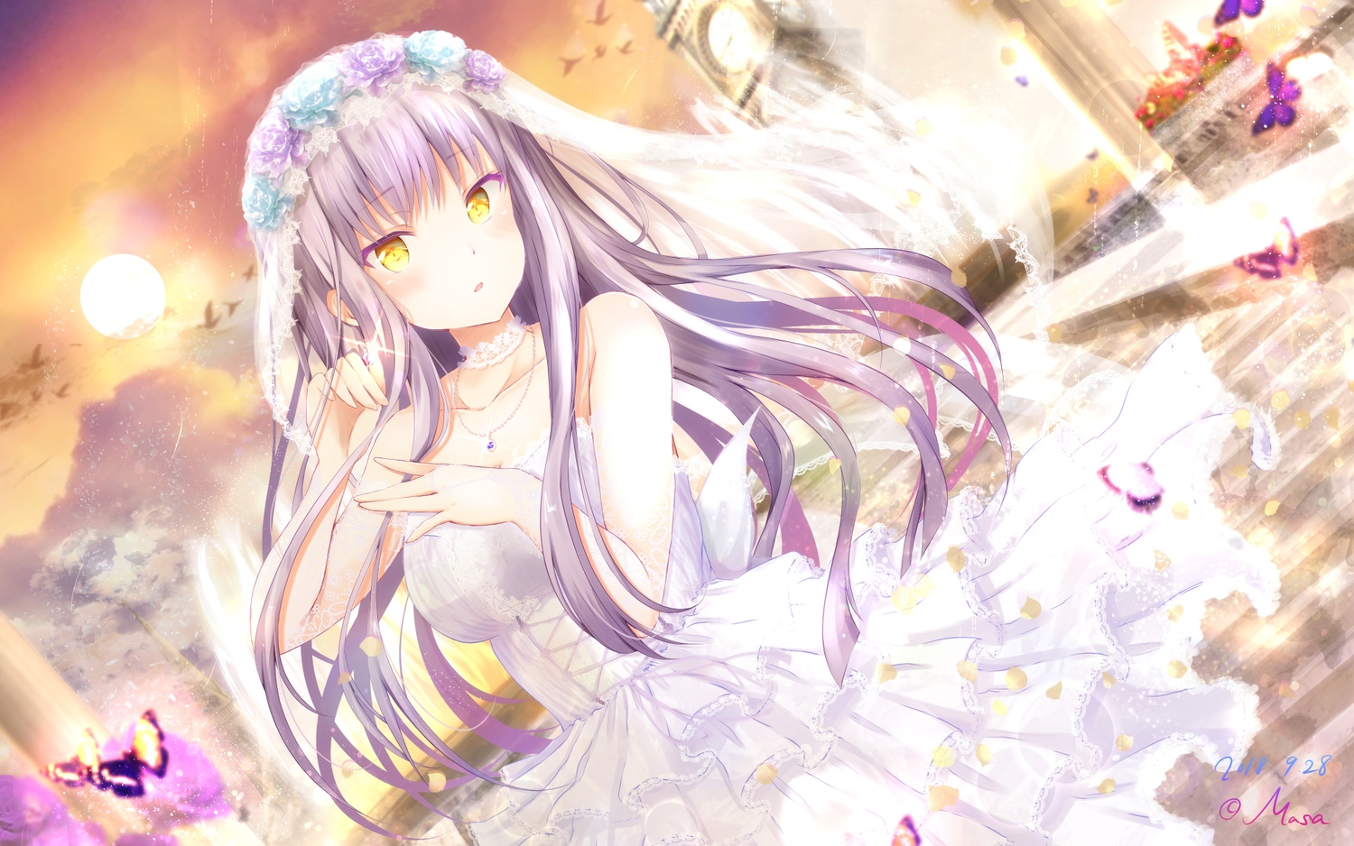 animal, bang_dream!, bird, butterfly, clouds, dress, flowers, gray_hair