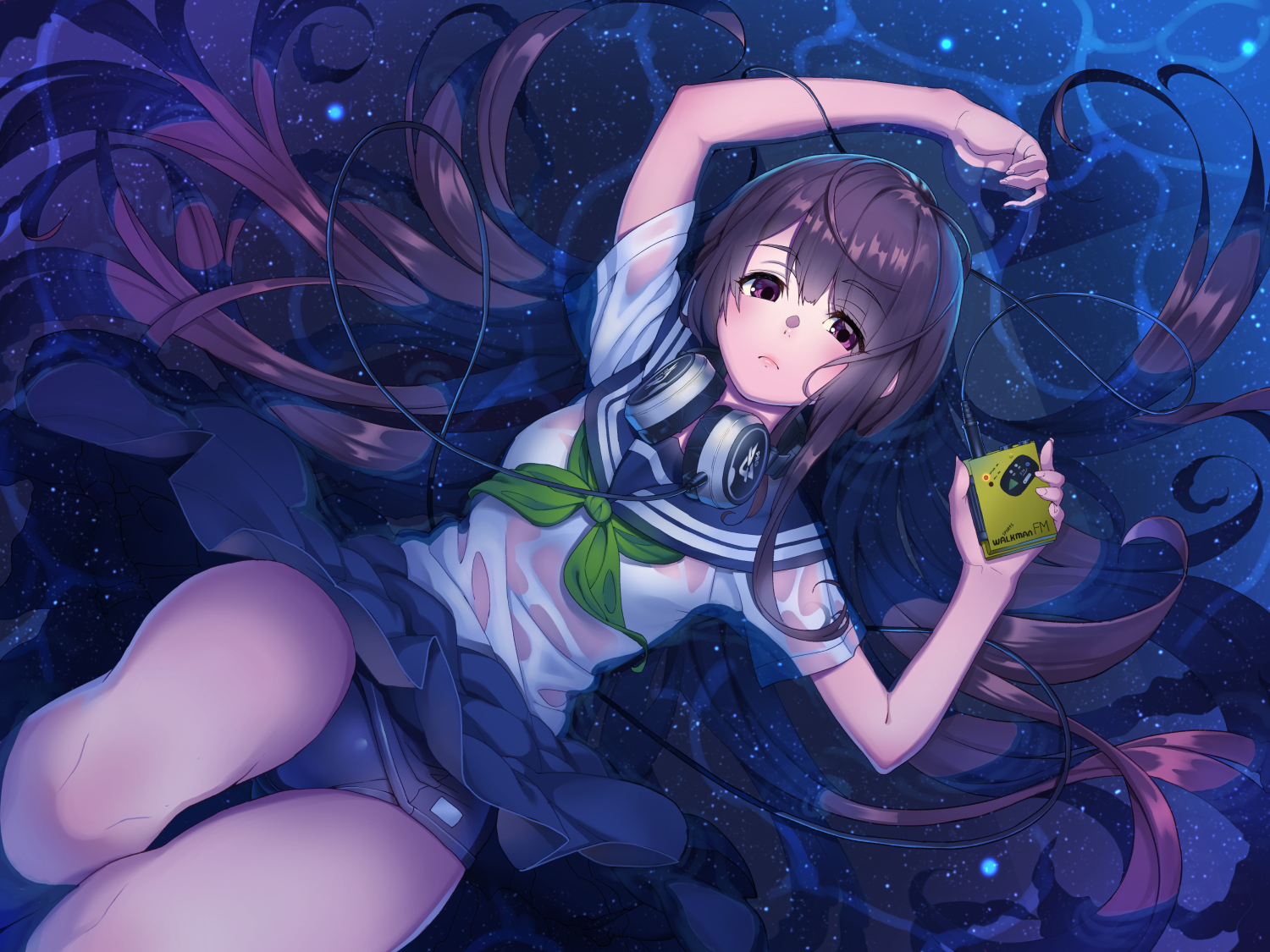 blush, brown_hair, e90vwggy, headphones, long_hair, original, purple_eyes, school_swimsuit, school_uniform, skirt, swimsuit, water, wet