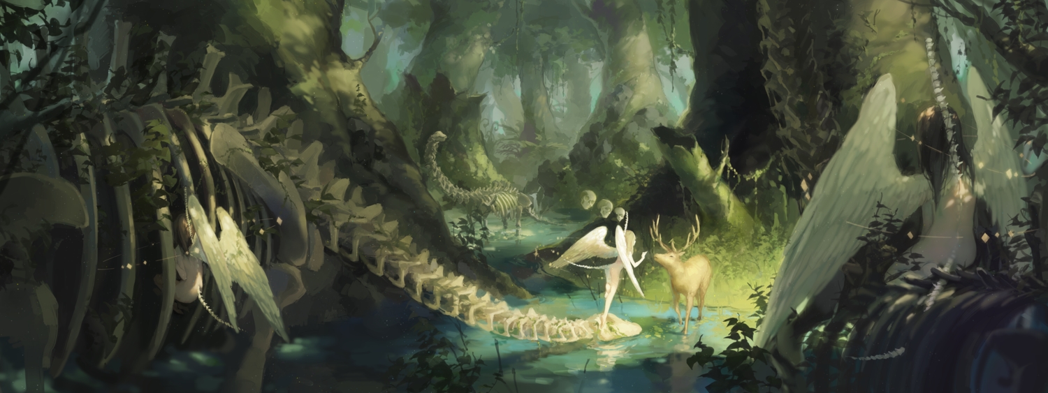 animal, black_hair, blonde_hair, bones, forest, green, long_hair, nude, original, spencer_sais, tail, tree, water, wings