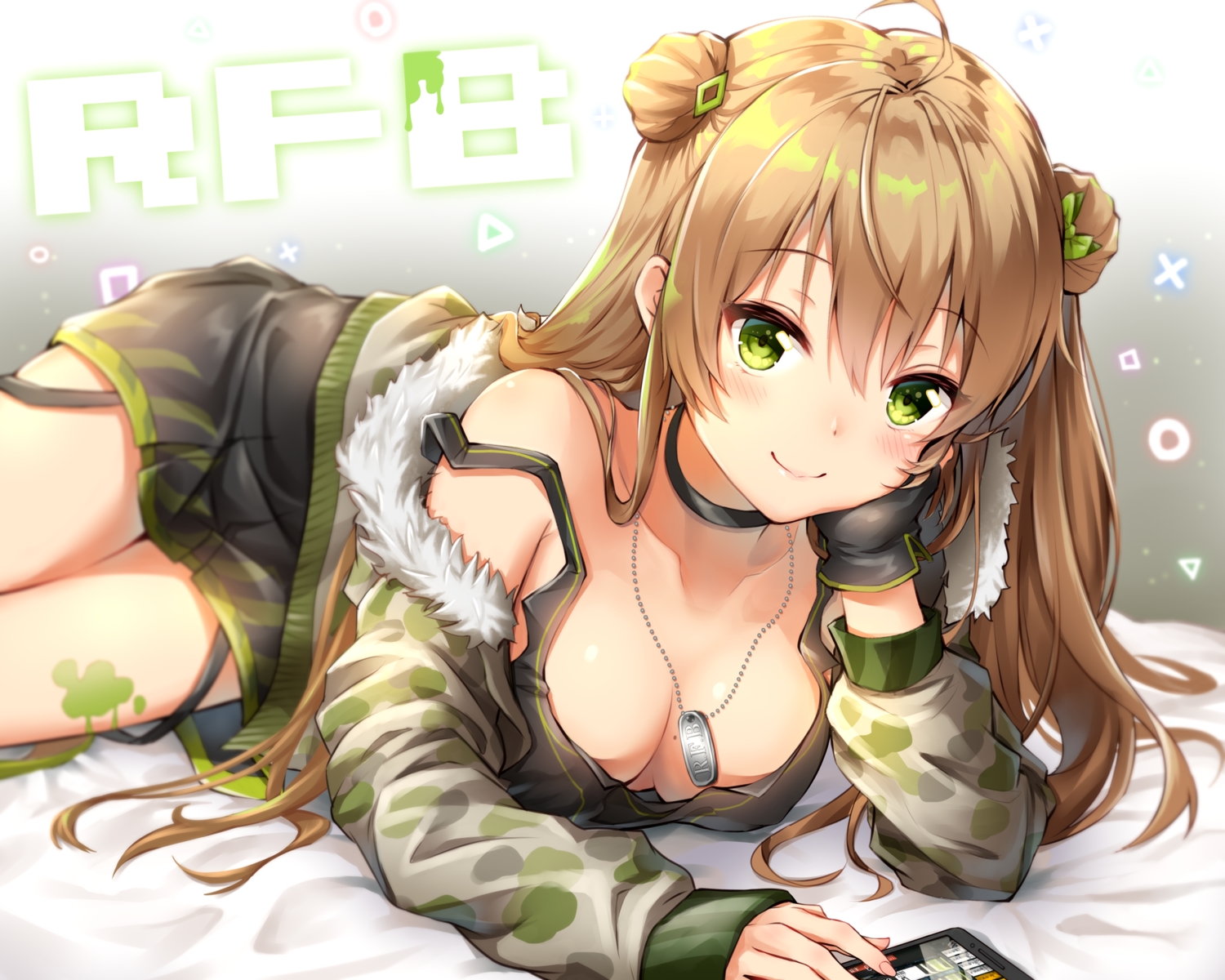 anthropomorphism, blonde_hair, blush, breasts, choker, girls_frontline, gloves, gradient, green_eyes, long_hair, necklace, phone, rfb_(girls_frontline), toki_(toki_ship8)