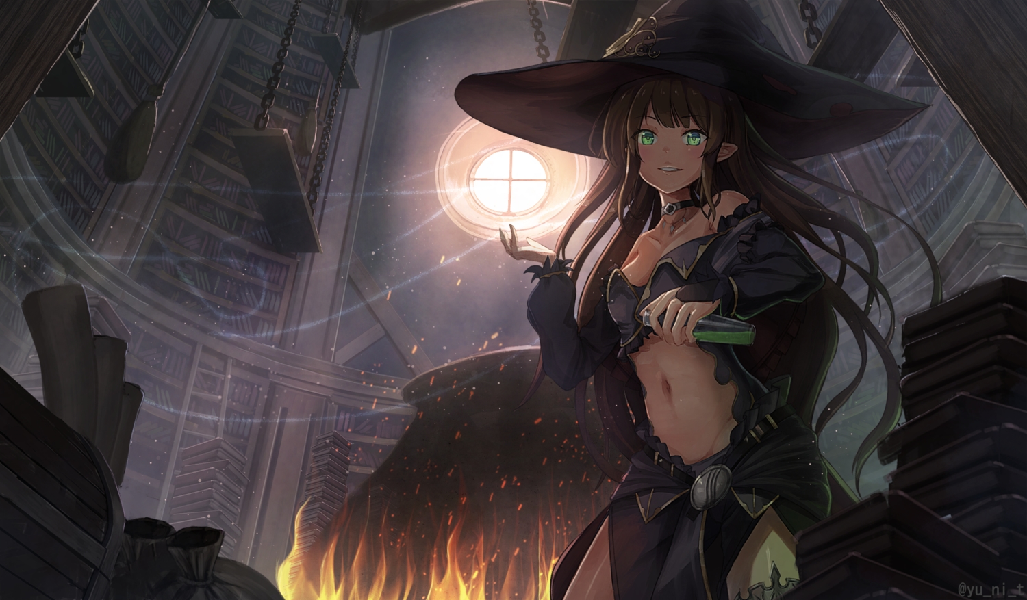 book, brown_hair, fire, gloves, green_eyes, hat, long_hair, navel